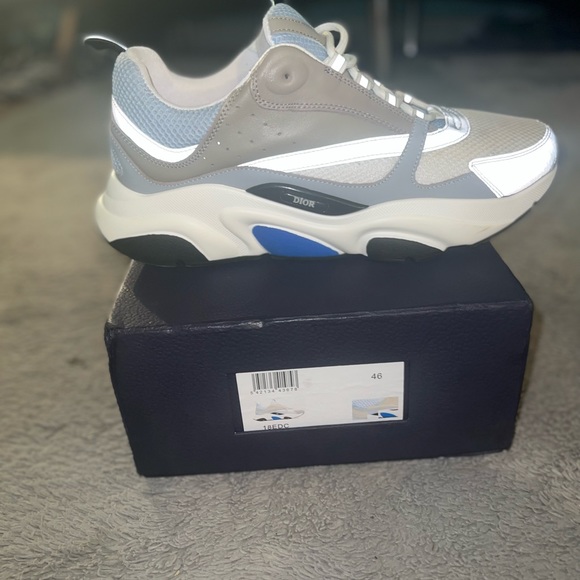 B22 Sneaker White and Blue Technical Mesh and Gray Calfskin